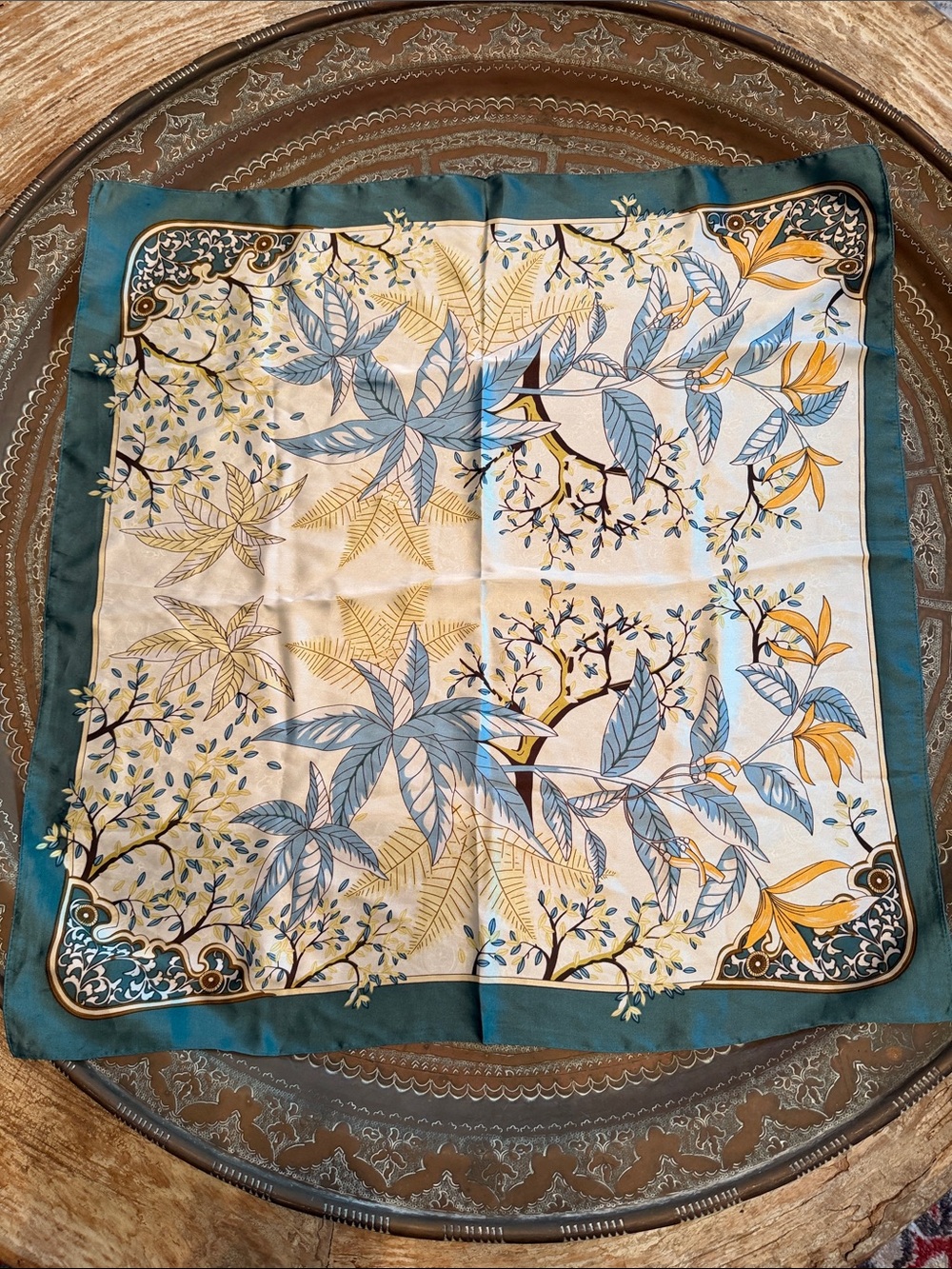Silky Botanical Floral Leaf Print Square Scarf - Picture 3 of 6